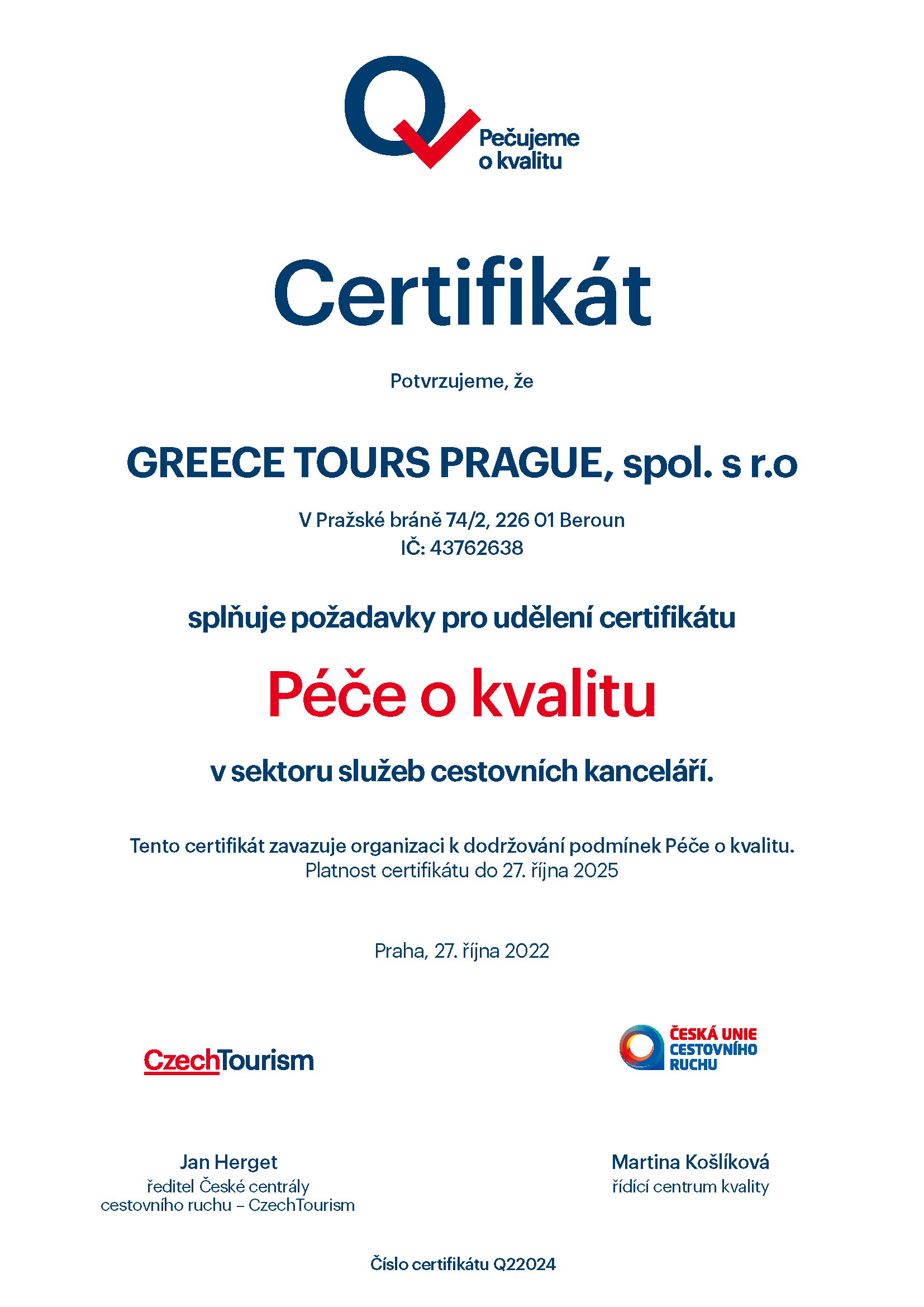 Certifikát Péče o kvalitu