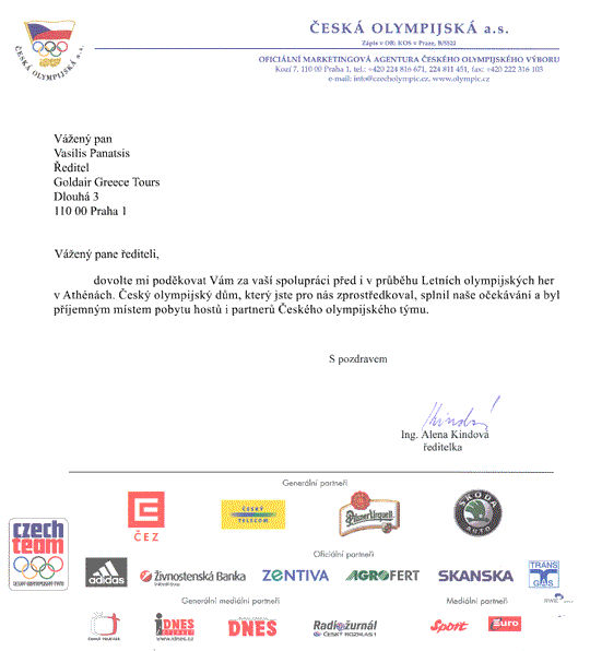 Děkovný dopis od České olympijské a.s. pro Goldair Greece Tours